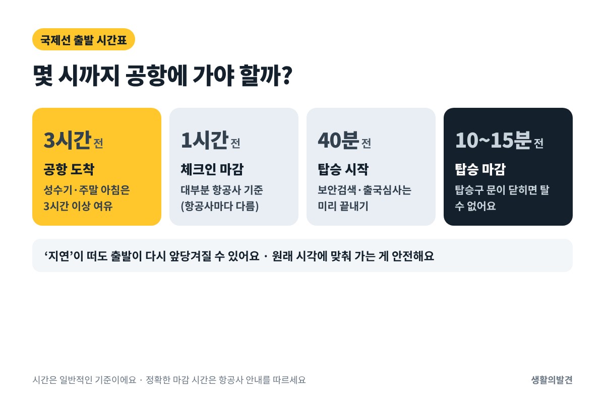 인천공항 출발 현황 기준 국제선 시간표 – 3시간 전 도착, 1시간 전 체크인 마감, 탑승 마감 10~15분 전