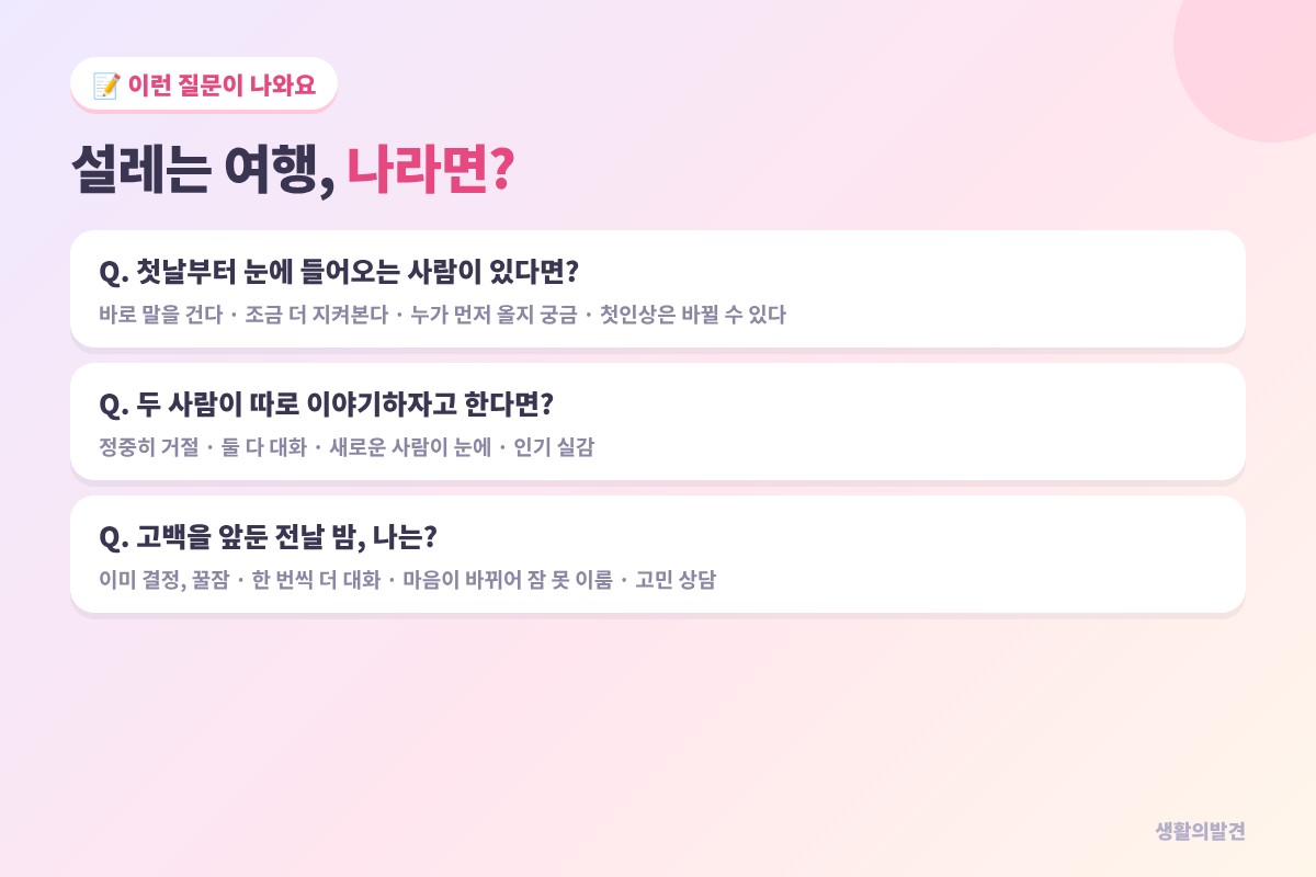연애감정 테스트 질문 – 눈에 들어오는 사람, 따로 이야기하자는 두 사람, 고백 전날 밤