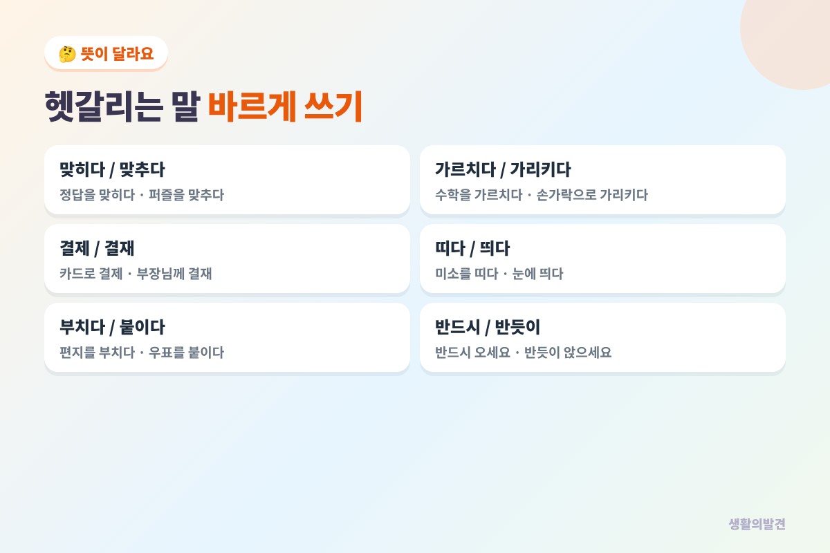 헷갈리는 말 맞히다 맞추다, 가르치다 가리키다, 결제 결재, 띠다 띄다, 부치다 붙이다, 반드시 반듯이